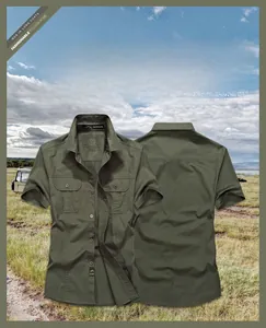 Detail of army green military-style cotton short sleeve shirt with double chest pockets