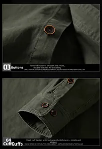 Detail of durable military green cotton shirt featuring resin buttons and double stitching