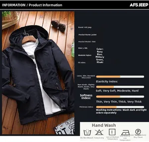 Detaillierte Parametertabelle für Outdoor-Herrenjacke mit Kapuze und dunkelblauem Stoff