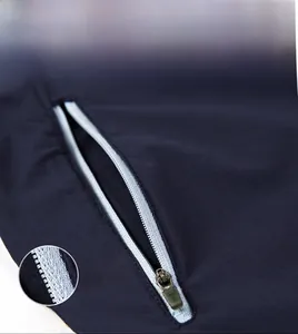 Detail of a men's quick-dry sports short featuring a side zipper pocket and durable fabric