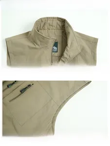 Detailed view of casual outdoor vest featuring a stand-up collar and mesh lining texture