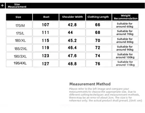 Detailed size chart for men's outdoor fishing vest showing chest and shoulder measurements