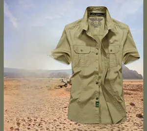 Detail view of cotton outdoor shirt with double chest pockets and classic turn-down collar