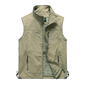 Men Outdoor Multi-Pocket Vest Lightweight Fishing Photography Waistcoat Stand Collar Mesh Lining Windproof Utility Jacket