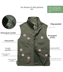 Detail view of military green fishing vest with 8 pockets and breathable mesh lining