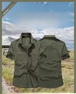 Vue détaillée avant et arrière d'une chemise cargo pour hommes en coton vert armée robuste