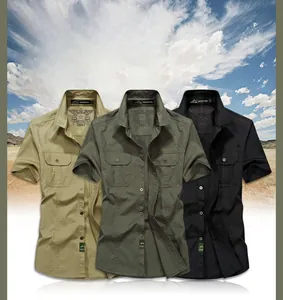 Three men's cargo short-sleeve shirts in khaki, army green, and black for outdoor travel