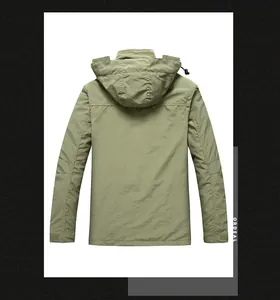 Rear view of olive green outdoor jacket with adjustable drawstring hood and velcro cuffs