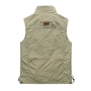 Back view of khaki men's casual vest with classic leather patch and drawstring hem