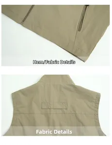 Detail view of khaki casual vest showing the zipper pocket and back collar hanging loop