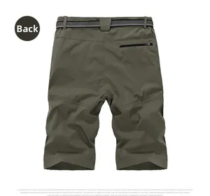 Detail of army green quick-dry cargo shorts featuring woven belt and rear zipper pocket