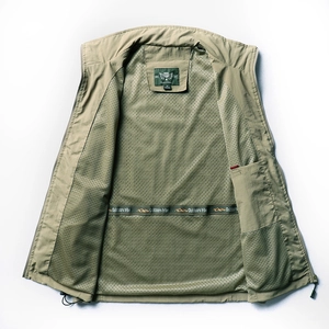 Men's khaki multi-pocket outdoor fishing vest with breathable mesh lining and inner pocket