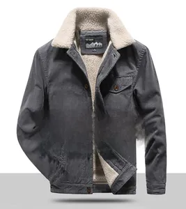 Detail of men's corduroy jacket with thick fleece lining and buttoned chest pocket