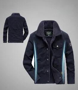 Detail view of navy blue winter jacket showing the warm fleece lining and classic collar