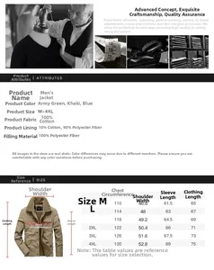 Detailed size guide table for men's winter cotton jacket including chest and shoulder specs