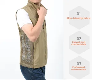 Close-up of khaki fishing vest featuring breathable mesh side panels and stand collar