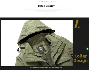 Detail of army green outdoor jacket featuring adjustable drawstring hood and windproof collar