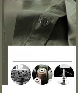 Detail of high-density twill fabric and premium metal buttons on a dark green shirt