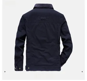 Back view of men's navy blue winter jacket with warm fur collar and FASHION lettering