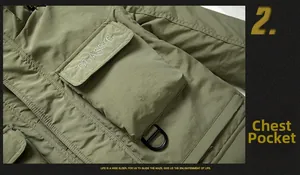 Detail of army green jacket featuring a flap chest pocket with Classic embroidery and D-ring