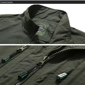 Close-up of olive green outdoor vest collar and zipper with high-quality stitching