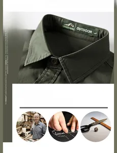 Détail du col d'une chemise outdoor vert olive avec étiquette tissée et texture en sergé