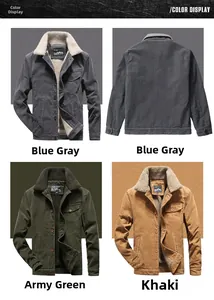 Detailed views of corduroy jackets in blue, green, and khaki with fleece lining