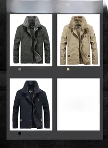 Detail view of military fleece jackets in army green, khaki and black with warm lining