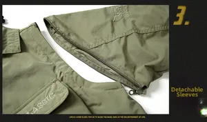 Detail of army green tactical jacket showing removable sleeve with metal zipper and eagle logo