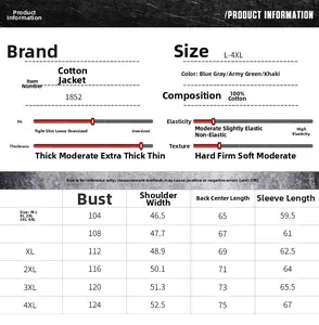 Detailed size chart for men's winter cotton jacket showing measurements from M to 4XL