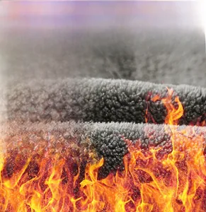 Close-up of thick grey fleece lining on men's winter jacket with thermal heat effect