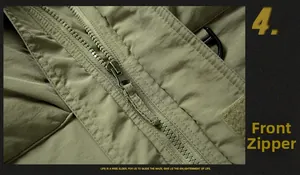 Close-up of olive green outdoor jacket featuring windproof zipper and plastic D-ring detail