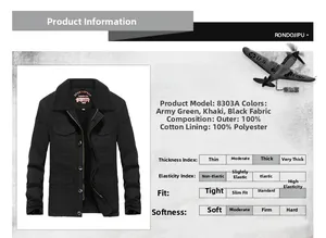 Detailed fabric and material specifications for a fleece-lined men's cargo jacket