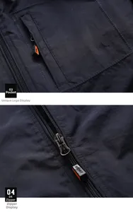 Detail der dunkelblauen Jacke mit Reißverschlusstasche und Sport-Zipper mit orangen Akzenten