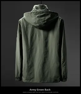 Vista trasera de una chaqueta con capucha verde militar en tela resistente al viento con puños