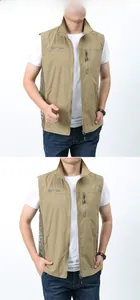 Detail of khaki outdoor vest with mesh side panels and capability logo print