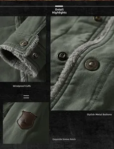 Detail of army green heavy jacket showing metal snaps, windproof cuffs and leather sleeve patch