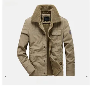 Detail view of khaki winter jacket with faux shearling collar and warm fleece lining