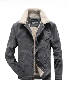 Close-up of men's blue-grey corduroy jacket with thick white fleece collar detail