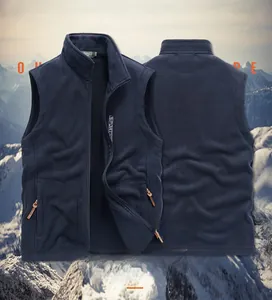 Front and back views of navy fleece vest with high collar and warm zipper closure