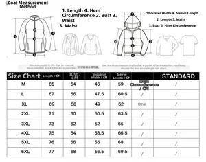 Detailed size chart for men's winter jacket with measurements from M to 6XL in CM
