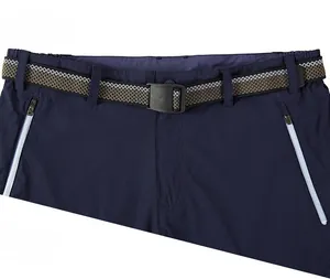Detail of adjustable waist belt and zippered pockets on navy quick-dry sports shorts