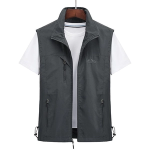 Men's dark gray outdoor utility vest with stand collar and functional zip pockets