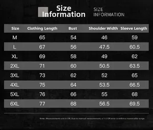 Detailed size chart for men's winter jacket with dimensions from M to 6XL in centimeters
