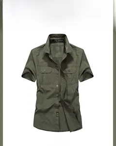Close-up of army green cotton short-sleeve shirt with tactical chest pockets
