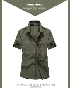 Vue à plat d'une chemise cargo en coton vert armée avec poches poitrine et étiquette de marque