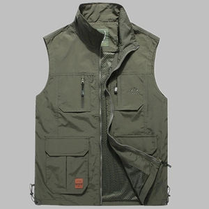 Men's multi-pocket outdoor fishing vest in olive green with quick-dry mesh lining