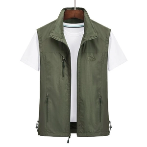 Mens outdoor tactical fishing vest with standing collar and multiple zipper pockets