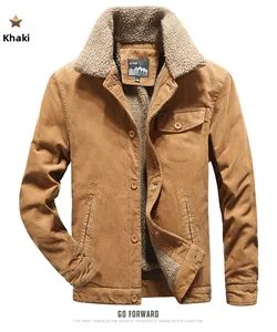 Detail of khaki corduroy jacket showing warm sherpa lining and button pockets