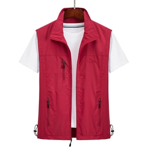 Red men's outdoor casual vest with standing collar and three functional zip pockets